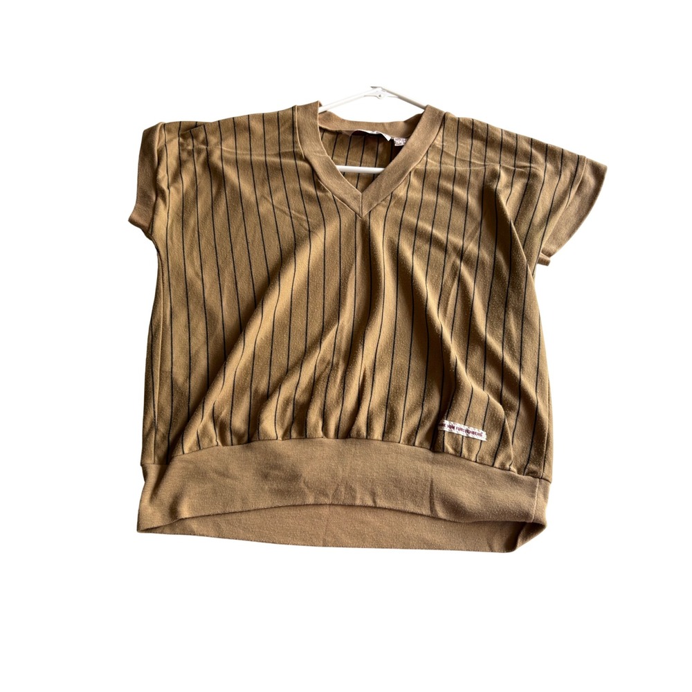 Vintage Diane Von Furstenberg DVF Tan Pinstripe V-Neck Banded Hem Top Large